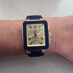 Blue and Gold Michele watch with rubber strap